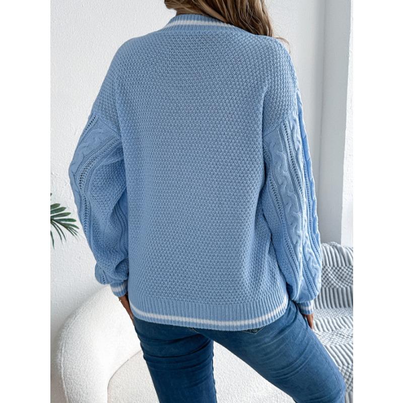 Autumn and Winter V-neck Twist Lantern Long Sleeved Pullover Sweater Women Loose Stripe Tops Ladies Fashion Elegant Casual Office Women's Clothing