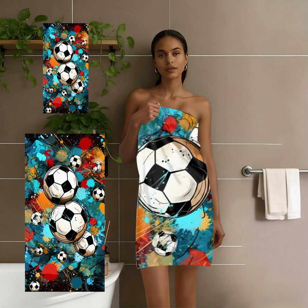 Graffiti Soccer Ball Beach Towel, Abstract Color Splash Football Print Microfiber Towel, Quick Dry Sports Bath Towel for Men Boy