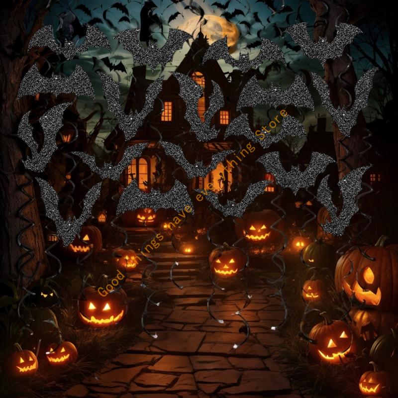 55KF Set of 30 Glittered Bats Swirls Hanging Ornament for Birthday Festival Parties