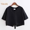 Zomer Crop T-shirt V-hals Korte Mouw Achterkant Hol Vetersluiting T-shirt Effen Kleur Losse Pasvorm Pullover Tops Streetwear