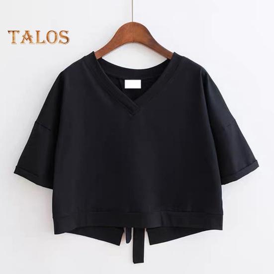 Letnia krótka koszulka z dekoltem w kształcie litery V z krótkim rękawem z wycięciem na plecach sznurowana koszulka jednokolorowa luźny krój pulowerowe topy Streetwear