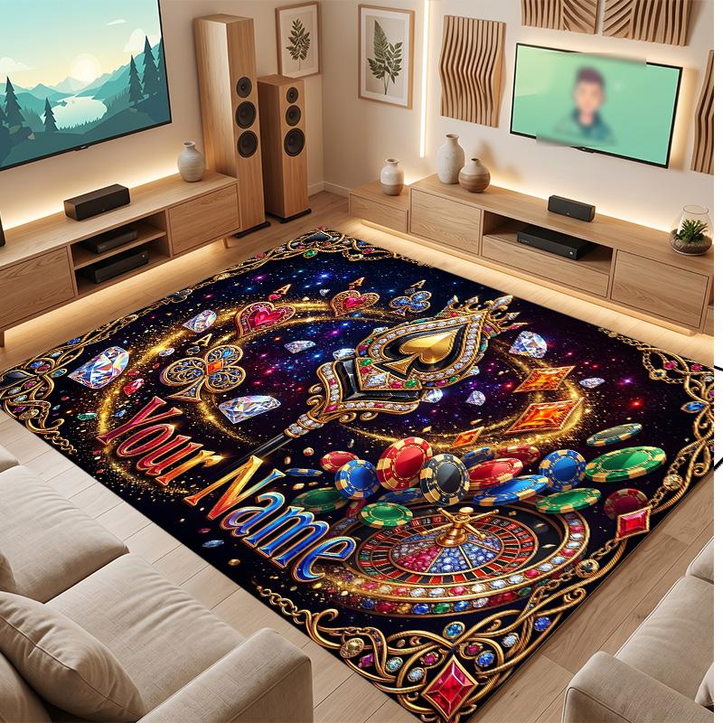 Cards Casino Theme Soft Crystal Velvet Rug Custom Name & Text Print Non Slip Floor Rug for Bedroom Living Room