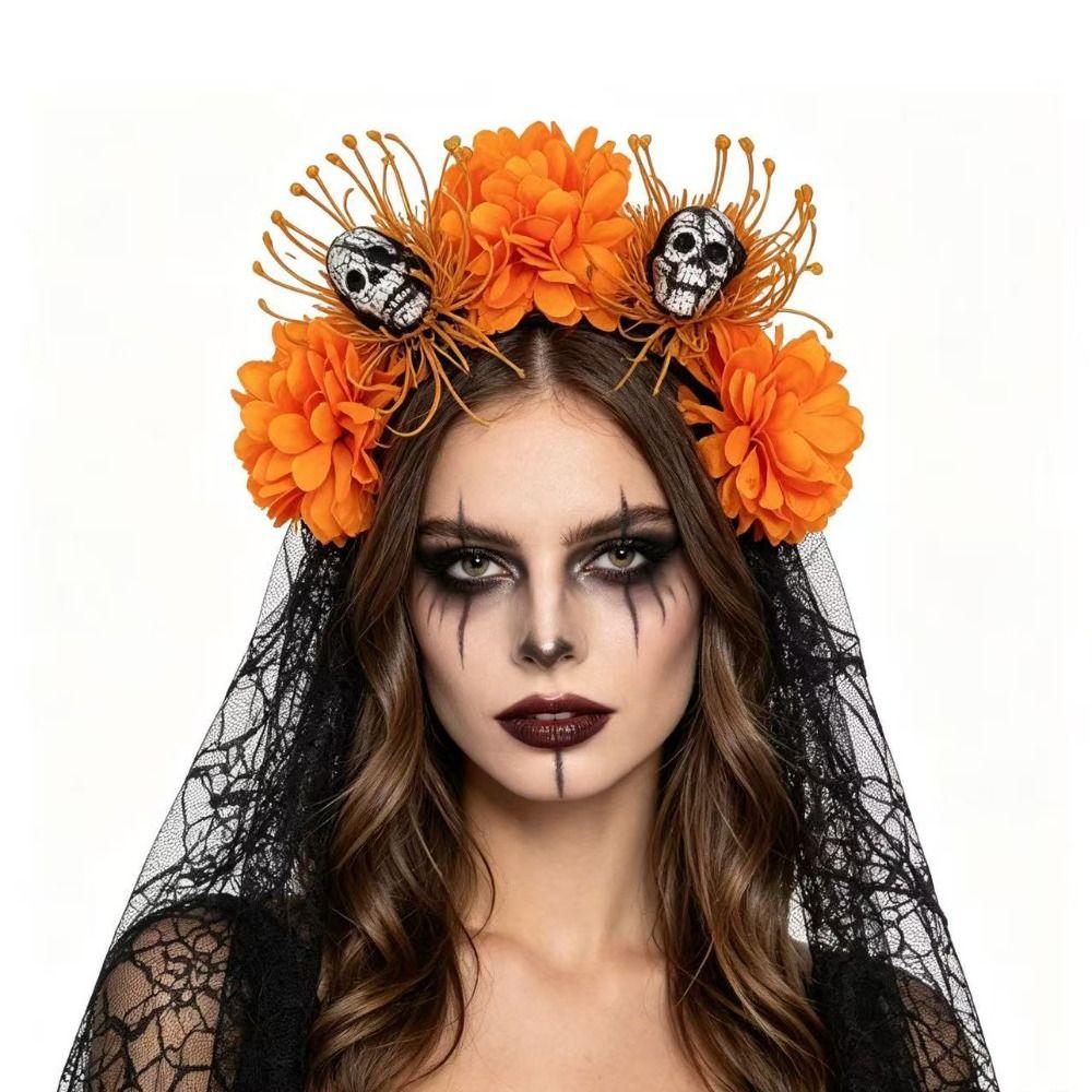 Dark Purple Skull Headband Lace Veil Gothic Hairband Stylish Skull Headwear Halloween Party