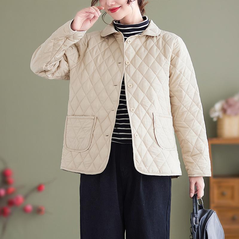 

Women s ort Quilted down Cotton Jaet Lightweight id Pattern Faionable Retro Sle for Middle-Aged And ly Mothers XS бежевый