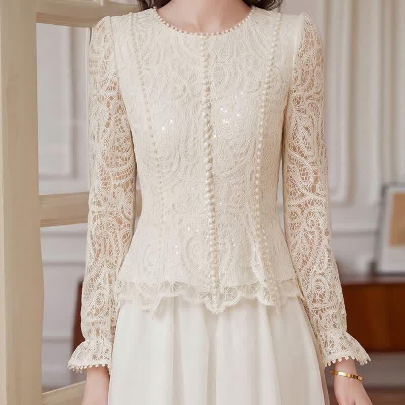 French Lace Two-Piece Hollow-Out Top & Long Skirt Set