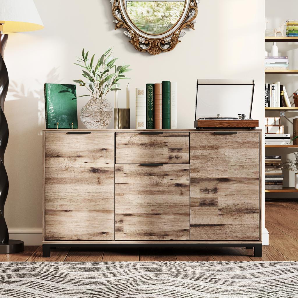 Industrial Style Buffet Sideboard with Drawer and 3 Cabinets, in Brown Wood, 120x36.5x70 cm
