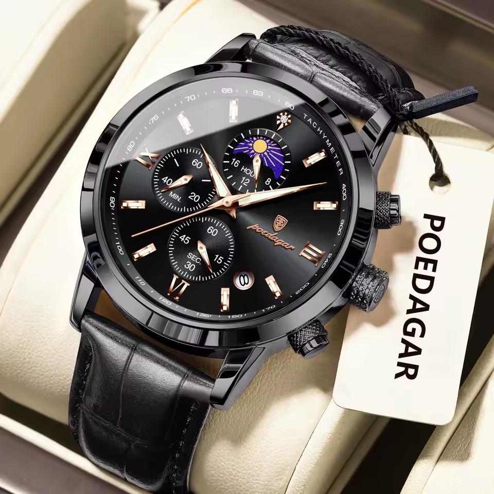 POEDAGAR Luxury Sports Watch for Men Waterproof Luminous Date Chronograph Wristwatch Leather Quartz Watches Reloj
