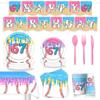 Baseball Theme Birthday Party Set: Ice Cream Donut Plates, Cups, Napkins, Tablecloth, and Cake Toppers.