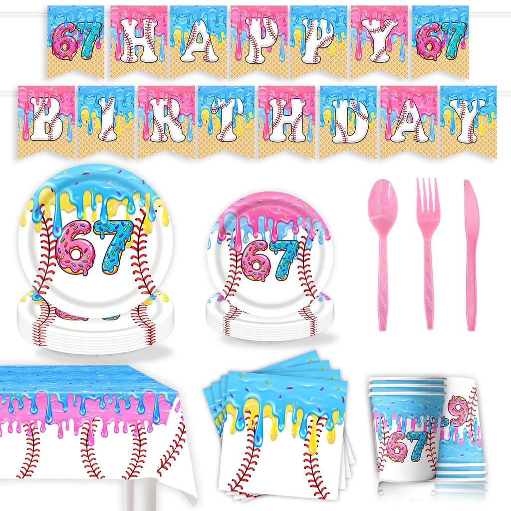 Baseball Theme Birthday Party Set: Ice Cream Donut Plates, Cups, Napkins, Tablecloth, and Cake Toppers.