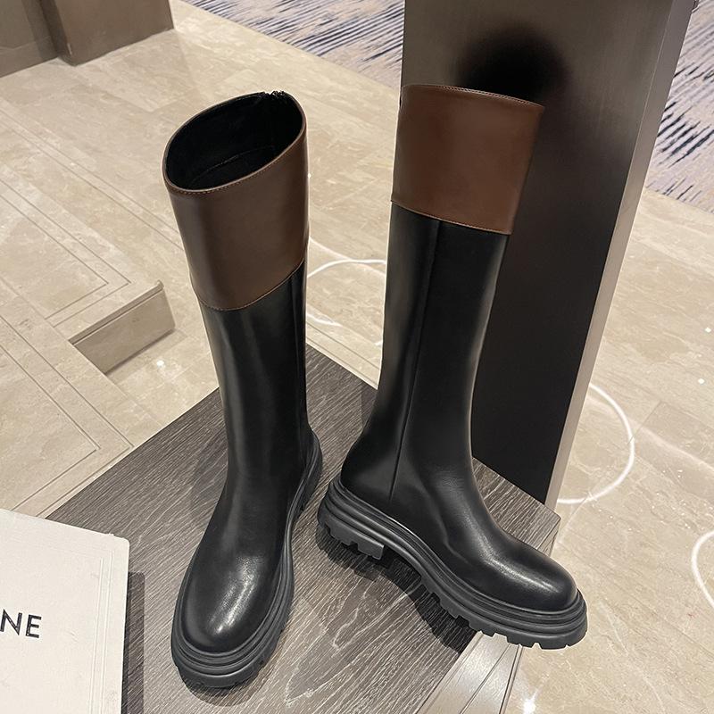 Soft Leather Version~ Splicing Boots New High Boots In Autumn and Winter 2025 Color Matching Thick-soled Rear Zipper Knight Boots
