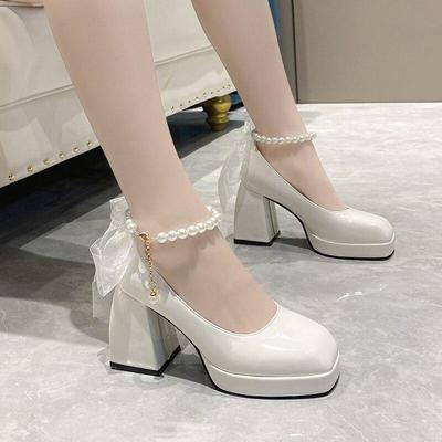 Damen High Heels, elegante Schleife, quadratische Zehen, schwarz, modische Damen-Pumps, dicker Absatz, Hochzeit, Party, Perlenspitze, Hochzeitsschuhe für Frauen