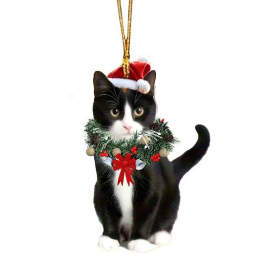 Christmas Pendant 2D Acrylic Cat Wearing Xmas Wreath Charm Car Hanging Ornament Home Office