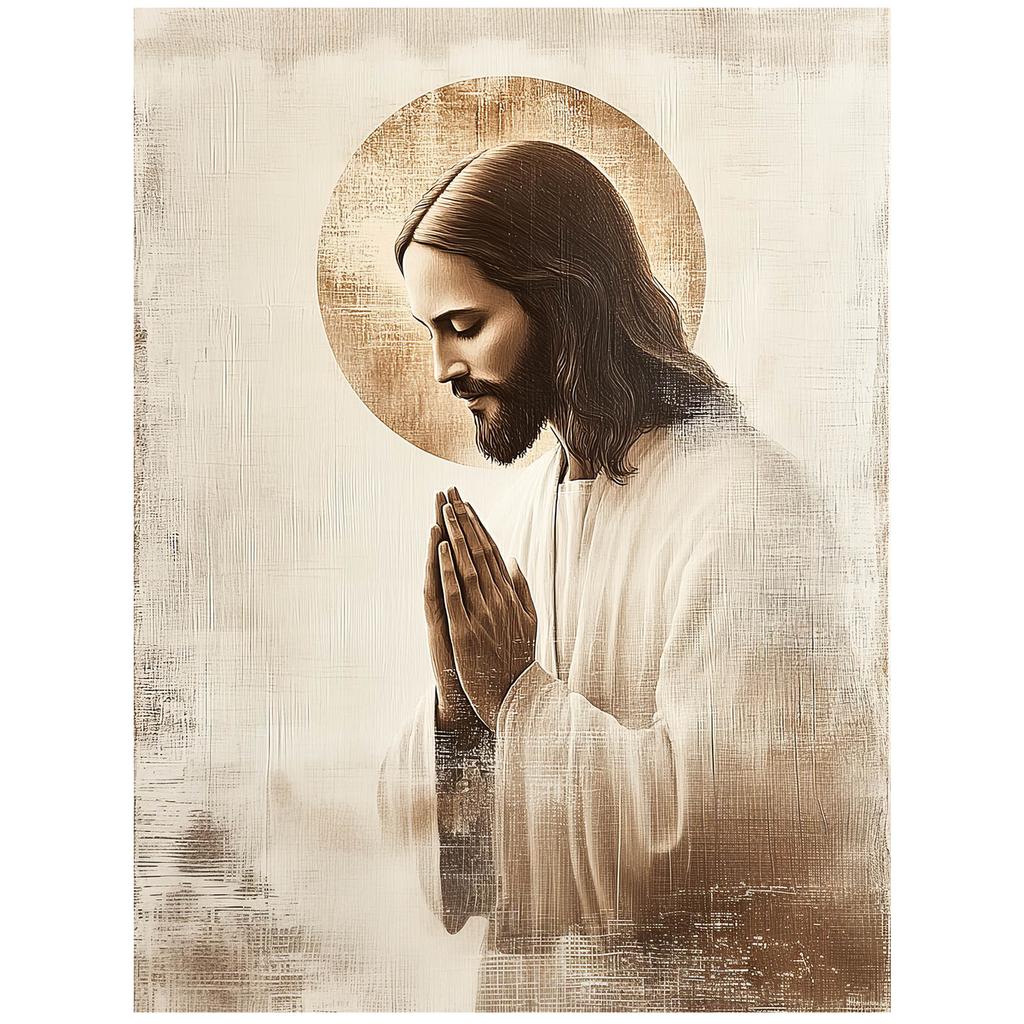 Jezus W Modlitwie - Złota Aureola Jezus W Modlitwie - Złota Aureola, 50X70 Cm, Bez Ramy, Papier Matowy 230 Gsm