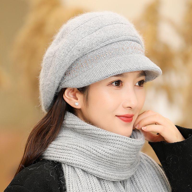 WTEMPO Cold-proof Windproof Warm Solid Color Ear Protection Elastic Hats Women's Autumn Winter Casual Verstaile Retro Elegant Hat + Scarf Set