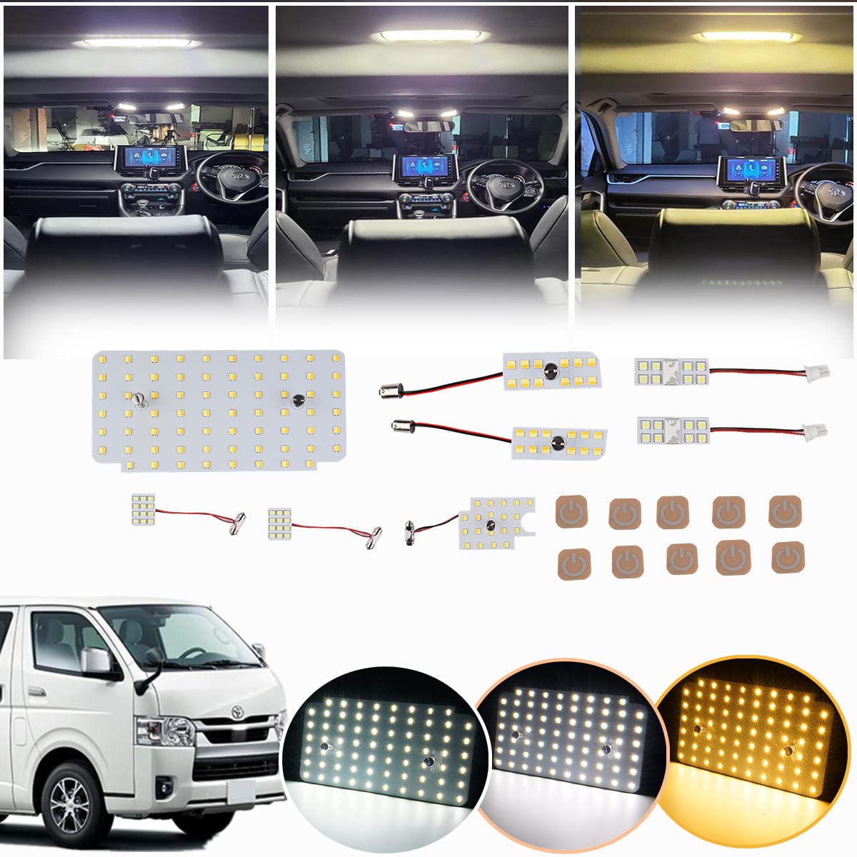 

LED room lamp set for Toyota Hiace 200 Features 3 colors and 15 levels of brightness Super bright interior Customizable LED room Easy Includes чёрный