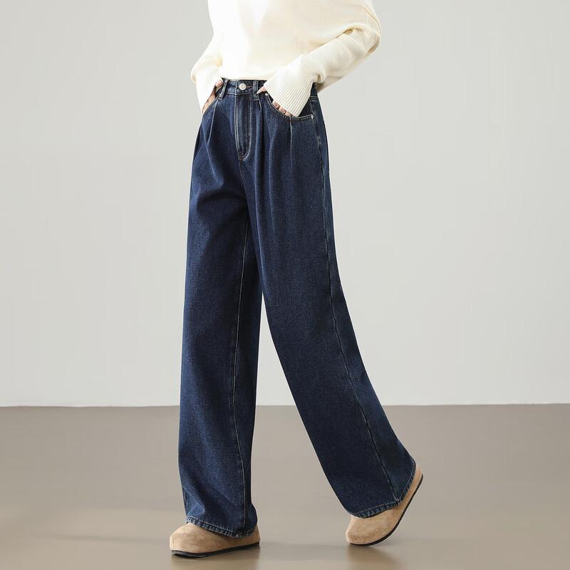 

TonLion Women s 2025 A/W Pleated Wide-Leg Fleece-Lined Jeans 28