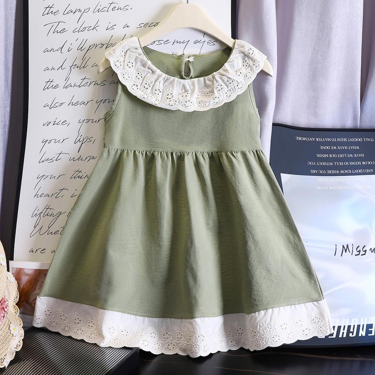 Girls Summer Lace Ruffled Collar Pleated Dress Sweet Princess Floral Trim Cotton Party Dress For Kids 80cm