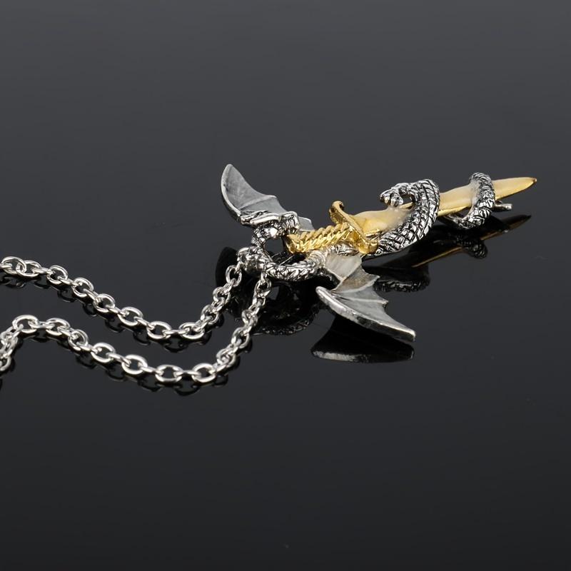 Pterosaur Twining Round The Golden Colored Sword Glow in the dark Pendant Necklace Gothic Male Jewelry Accessory For Daily Occasions