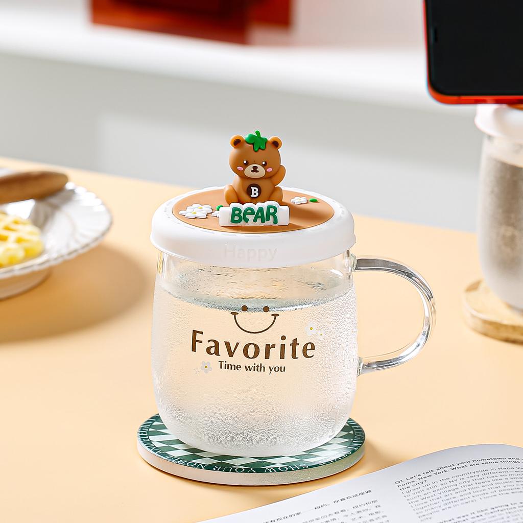 Cupa din Sticlă Borosilicată Înaltă cu Capac Cupă Drăguță pentru Apă Rezistentă la Temperaturi Înalte Cupă de Birou pentru Fete Cupă Cartoon Creativă cu Personalitate