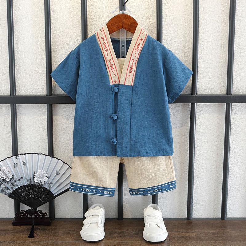 Completo Estivo da Ragazzo a Maniche Corte Stile Cinese per Bambini Hanbok Bello Completo Tang Cotone Lino Sezione Sottile di Abbigliamento Antico
