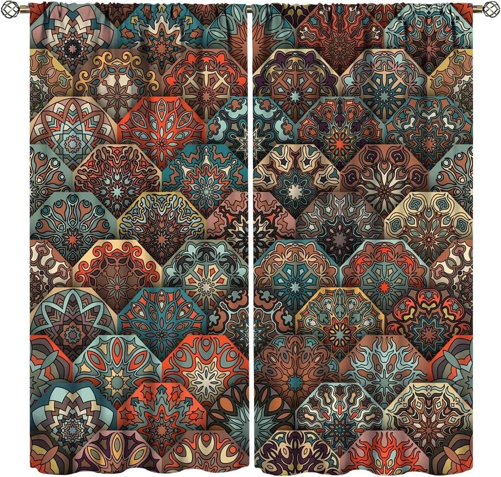 Bohemian Curtains South Asian Ethnic Vintage Floral Pattern Mandala Paisley Curtain with Rod Pocket for Bedroom Living Room Home