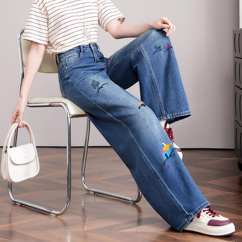 Blue embroidered flower wide-leg jeans women's summer new high-waisted display design casual straight trousers
