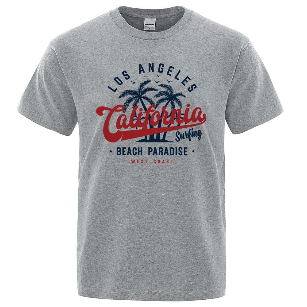 Camiseta de algodão gola redonda maskulina, topy de verão, roupas respiráveis, Los Angeles California Beach Paradise Fashion