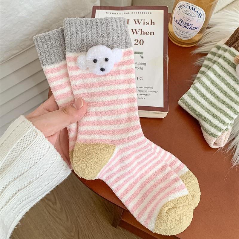 2 Pairs of Striped Three-dimensional Plush Dog Socks, Trendy Brown Dog Head Cute Mid-calf Socks, Casual and Comfortable