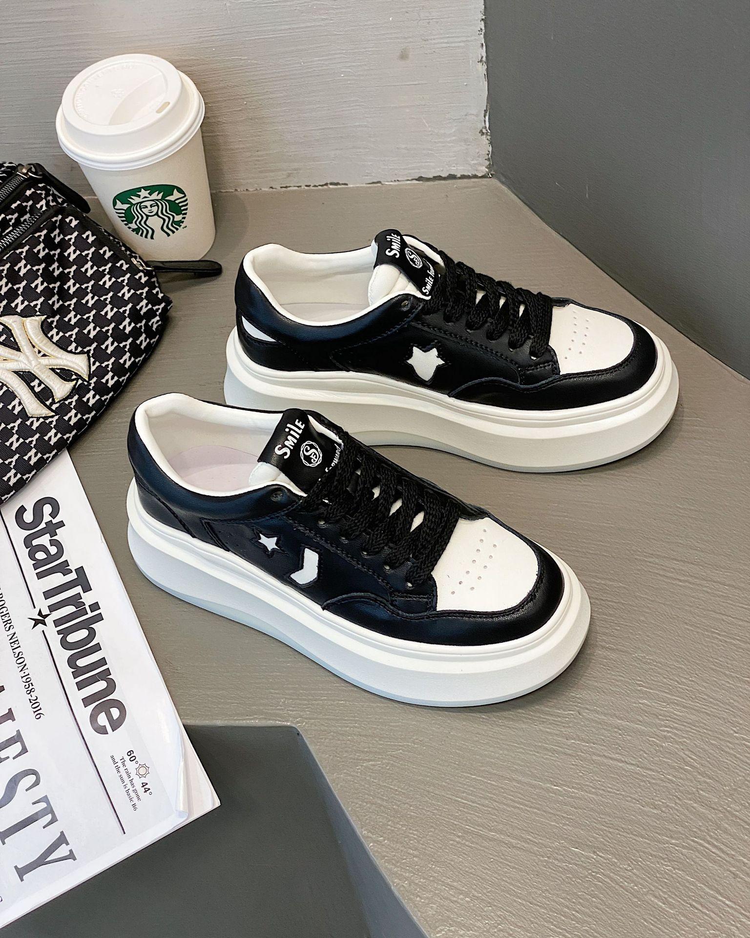 

Spring Genuine Leather Platform White Shoes Women s Slip-on Height Increasing Breathable All-Matching Lace up Casual Chic Sneakers