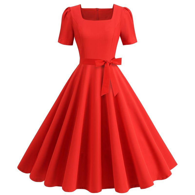 

Retro Hepburn Style Age Sense Square-Neck Cinched Thigh-Length Puff Sleeves Big Swing Mid-Length Dress Morning Gowns Dance Skirt Red 2XL