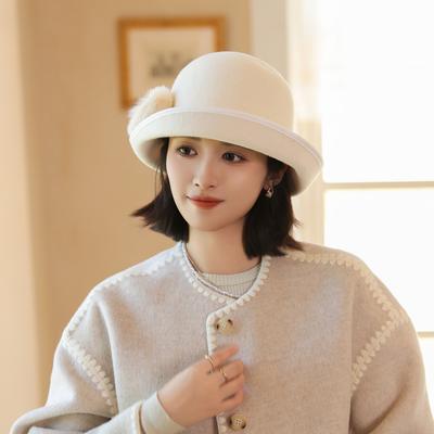 Hat Women's Autumn and Winter Woolen Hat Elegant Crimping Basin Hat Big Hairball Bucket Hat Noble Temperament Hat Warm Hat