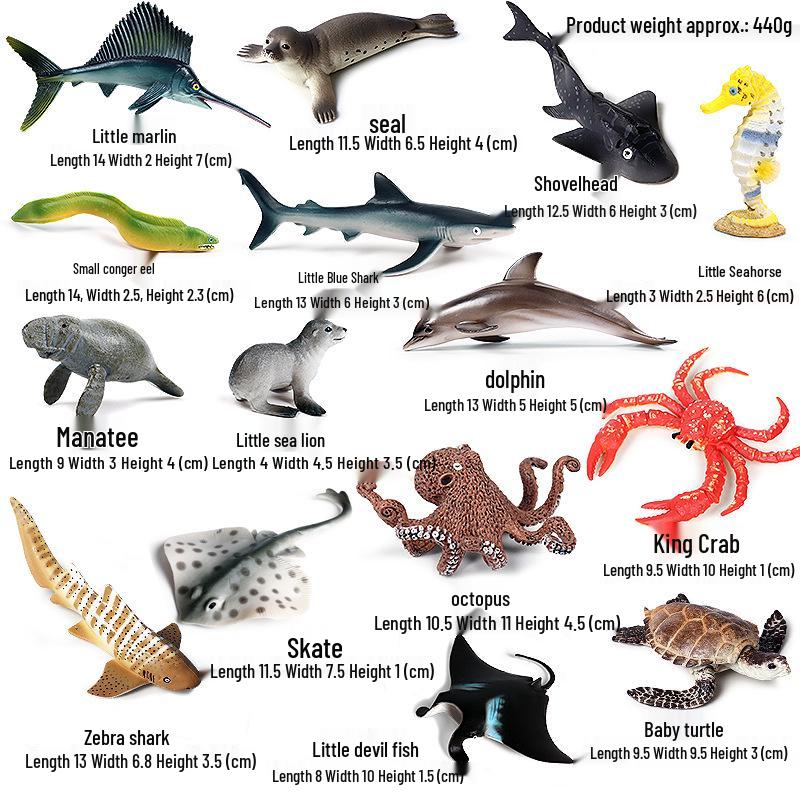 Marine Life Model Set: Shark, Dolphin, Moray Eel, King Crab, Sea Turtle - Kids Toy