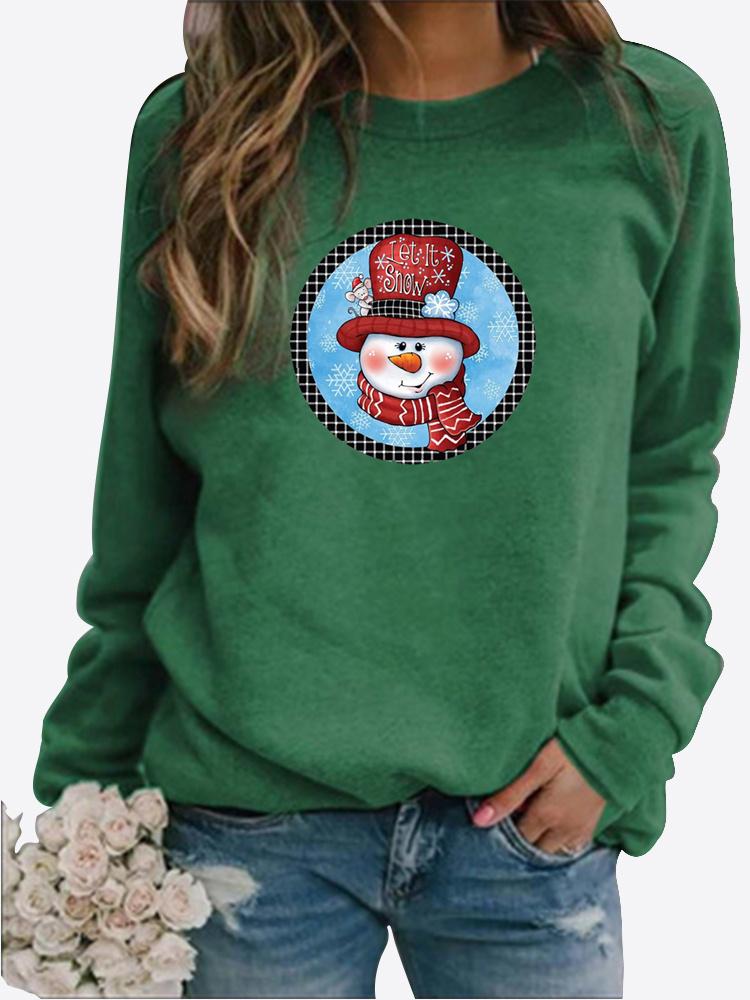 Blusa feminina de outono e inverno com decote redondo, moda casual, cor sólida, manga comprida, estampa de boneco de neve, camiseta solta, tops