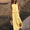 Women Summer Dress Pleated Round Neck Sleeveless Solid Color Loose Slit Hem Maxi Dress Daily Date Party Wear Long Dress