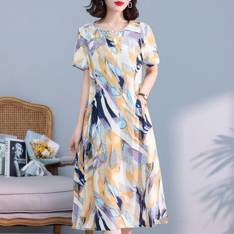 Elegante Damen-Sommerkleider Übergröße Lässig Print Kurzarm Langkleid