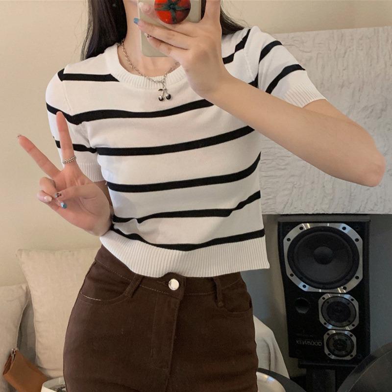 

Женский ледяной шелк с круглым вырезом, универсальный пуловер в стиле ретро с коротким рукавом, вязаный короткий