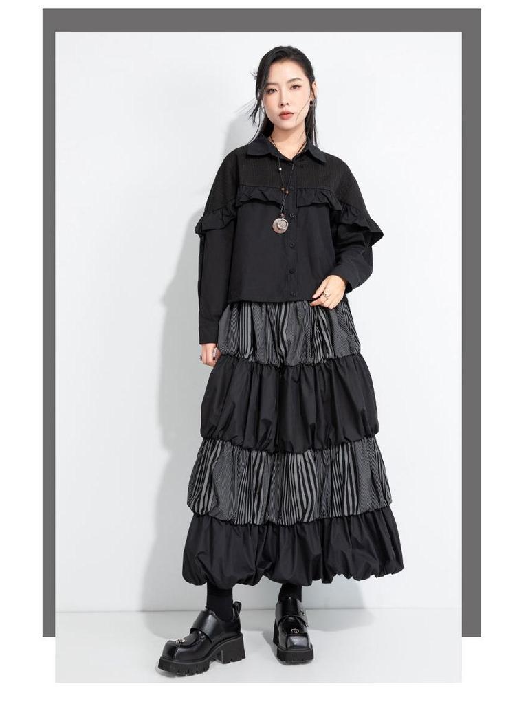 Nouvelle Jupe Midi Patchwork Taille Haute 2025 - Style Lanterne Bouffante pour Femmes pour le Printemps et l'Automne