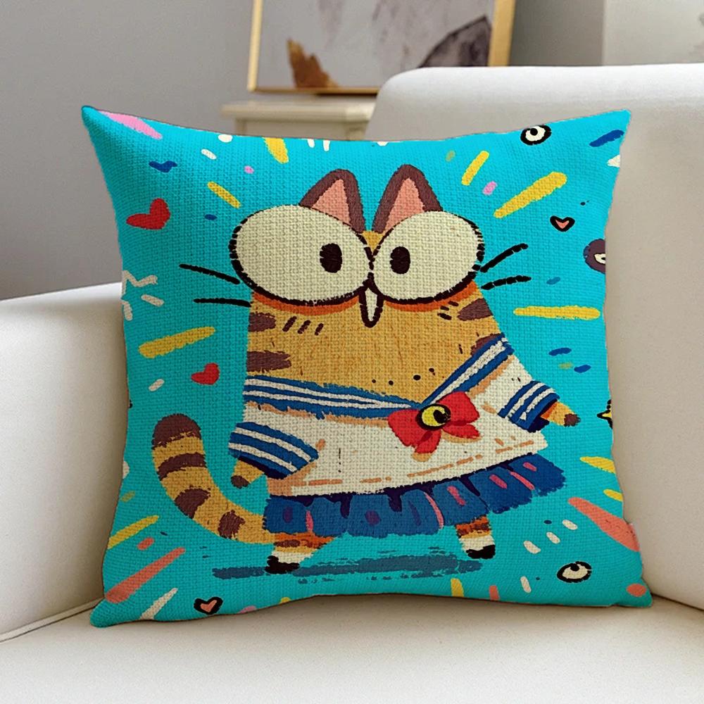 1P-Spring Day Cats Cushion Cover Cushion Cover Pillowcase, Anti-Mite Invisible Zipper, Linen Sofa Cushion