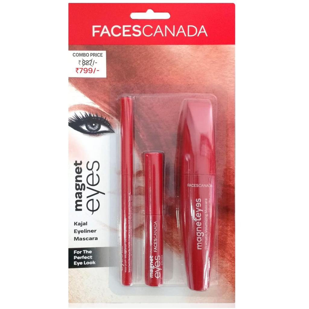 FACES CANADA Magneteyes Range Trio Pack - Black, 13.35 g | Kajal + Eyeliner + Mascara | Lightweight | Long Lasting | Smooth Texture | Precise App