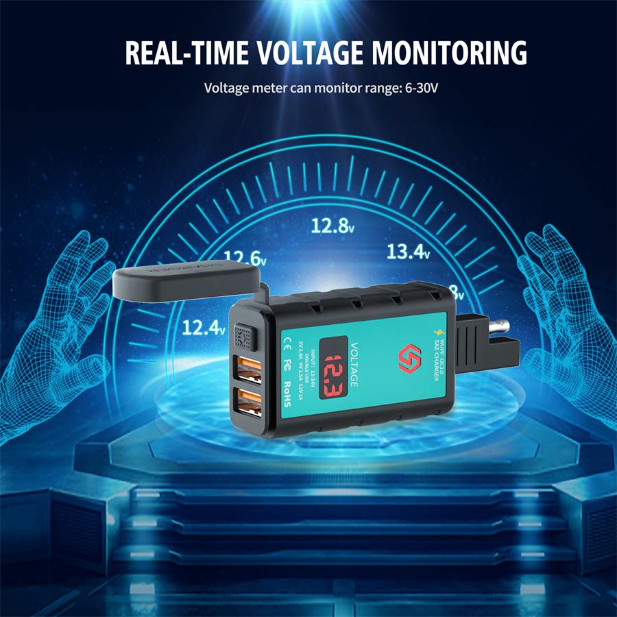 Motorcycle Dual USB Charger QC3.0 Fast Charger with Voltmeter Power Switch Integrated SAE Socket 1.4 M OT Terminal Cable