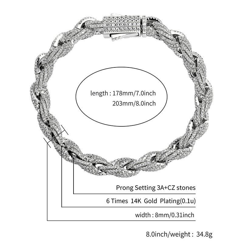 Golden Trendy Jewelry Clasp Full Zircon Twisted Chain Hip Hop Mens Bracelet