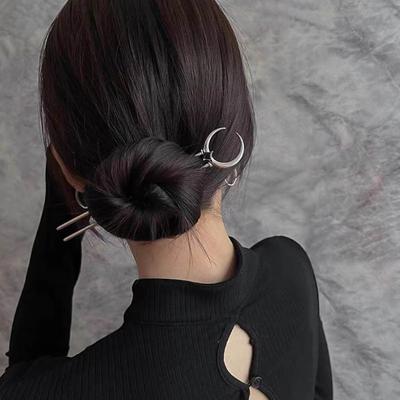 Trendy U Shape Metal Moon Hair Sticks for Women Vintage Elegant Chinese Black Crystal Hairpins DIY Hairstyle Hair Accessories