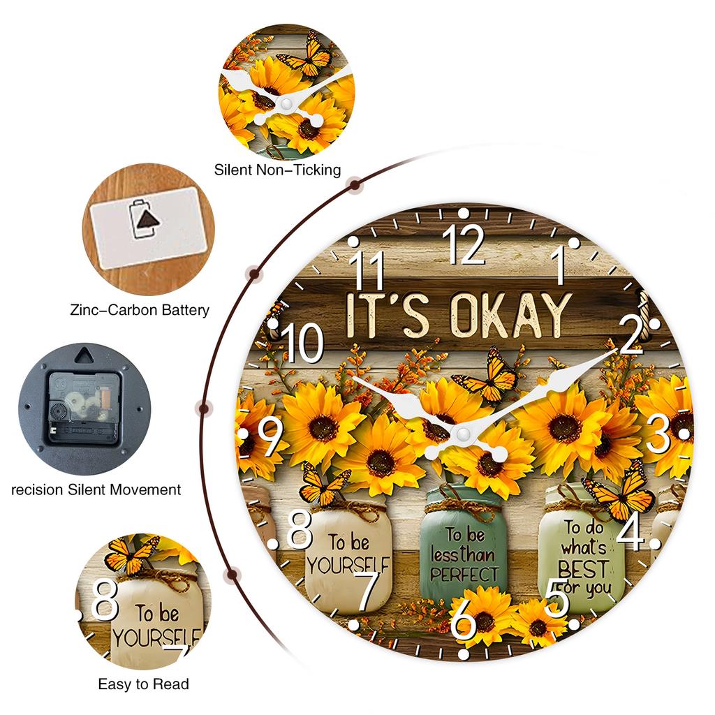 Top-Grade 1Pc High-Standard Wooden High-Standard Wall Top-Grade Clock High-Standard Sunflower First-Class And Premium-Quality Butterfly