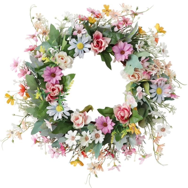 

17.7Inch Spring Flower Wreath for Front Door Artificial Summer Wreath for Door Wall Window Farm Decoration 1