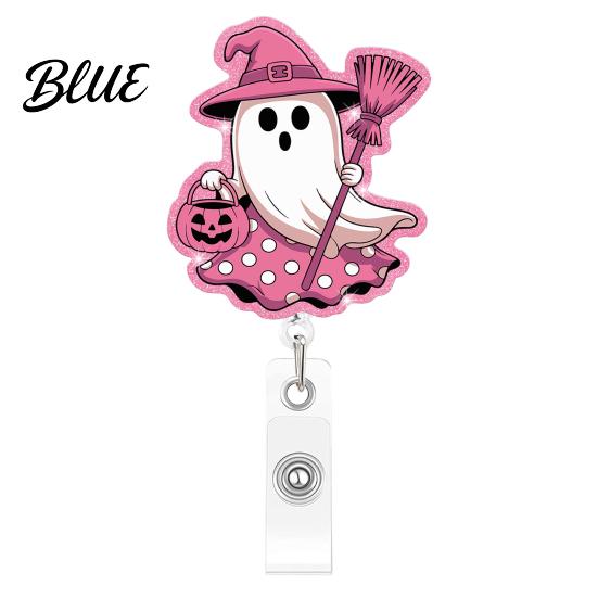 Clear Acrylic Retractable Badge Reel Halloween Ghost Reel Glitter Holder Clip Cute Pink Starlight ID Name for Women Nurse Teacher Medical