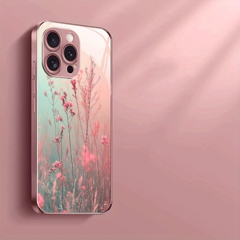 Elegantes Rosa Blumenmuster Rosa Metallic Lack Glas Handyhülle Für iPhone 17 16 15 14 13 12 11 Pro Max Plus 16E 17Air Hülle