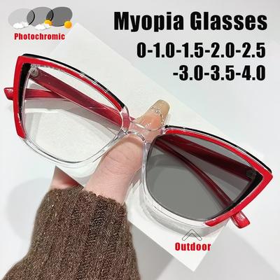 Vintage Colour Block Cat-Eye Photochromic Myopia Glasses Women'S Ins Style Short Sight Glasses Large Frame Popular Eyeglasses