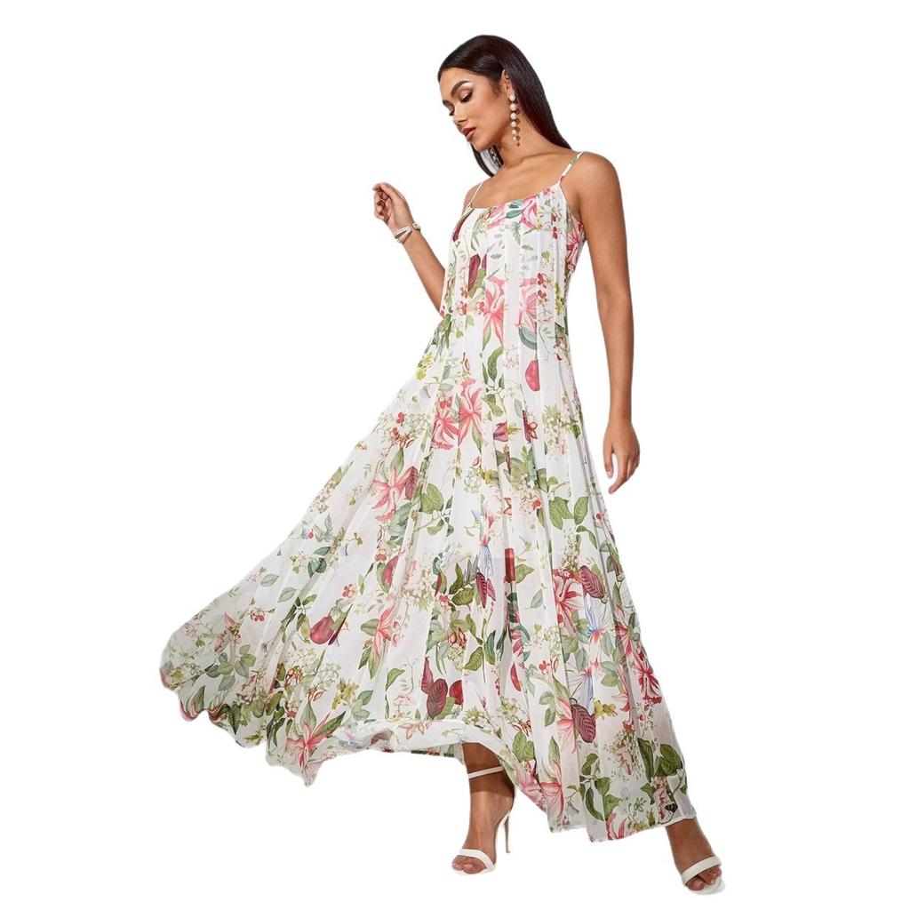 European, American spring and summer independent station new suspender fresh printing long pendulum dress