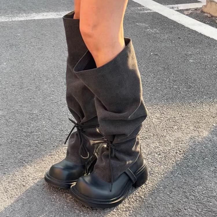 2025 autumn and winter new thick heel high heel boots straps thin big tube circumference black boots long tube knight fashion boots
