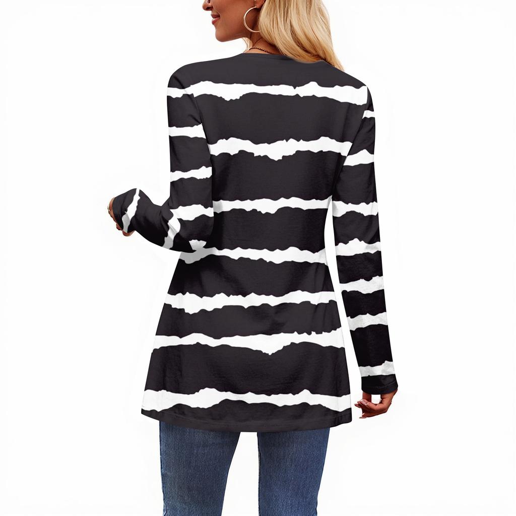 Women's Casual Fashion V-Neck Button Striped Long Sleeve Top